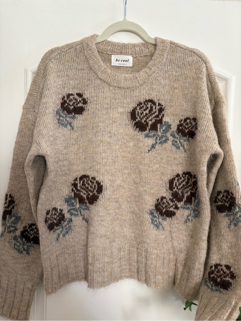 BE COOL Beige Crewneck Sweater with Brown & Blue Floral Motif